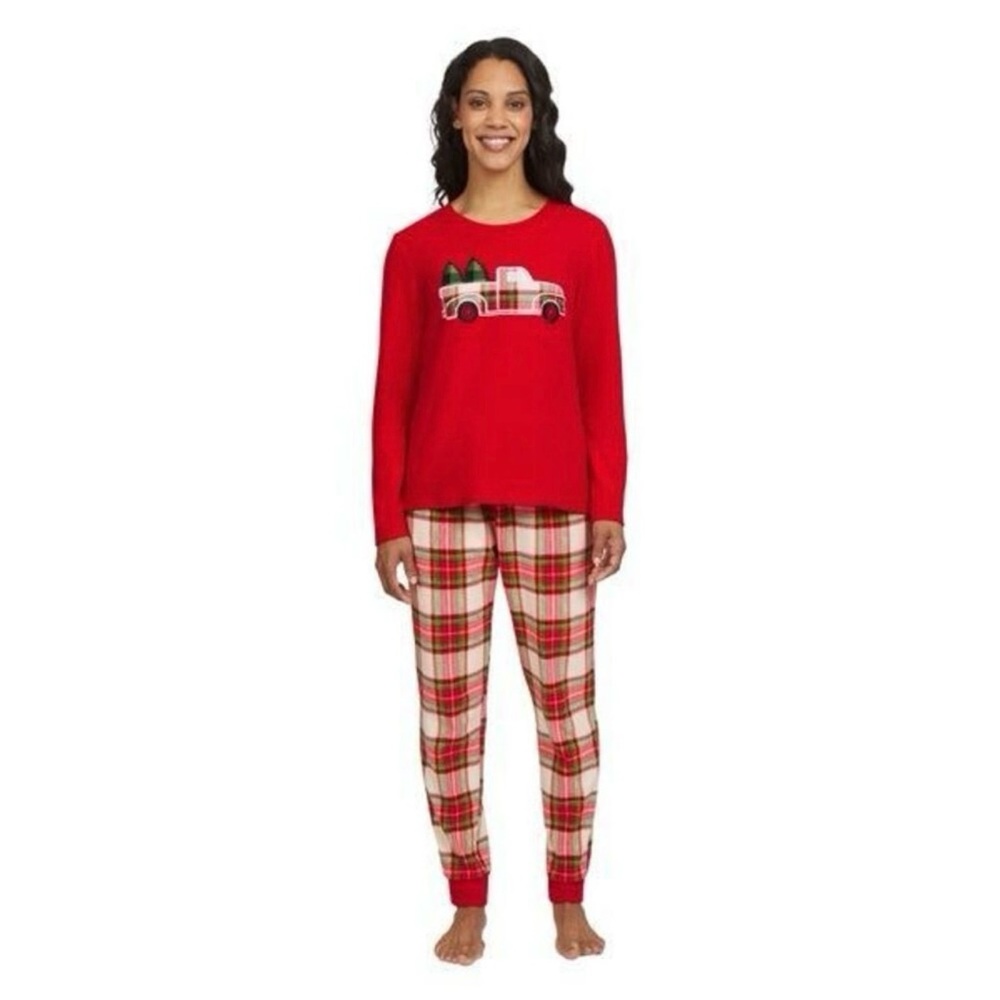 Eddie Bauer Womens Holiday Red Plaid Truck Christmas 2Pc Pajama Lounge Set L NWT